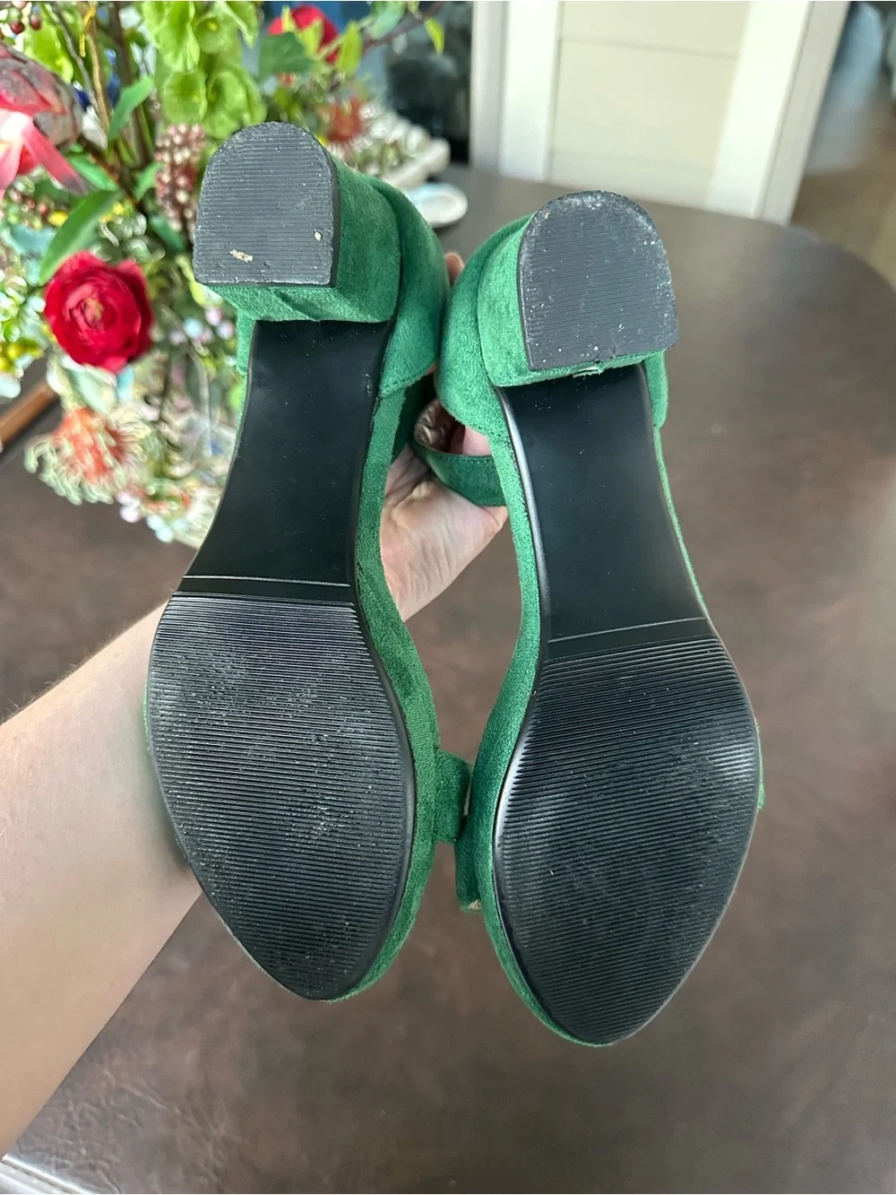 Hunter Green Suede Ankle-Strap Block Heel Sandals